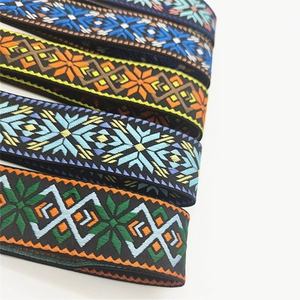 Macro detail of ethnic geometric jacquard straps in four vibrant color patterns for bags
