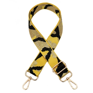 Adjustable camouflage bag strap with gold lurex thread and metal lobster clasps