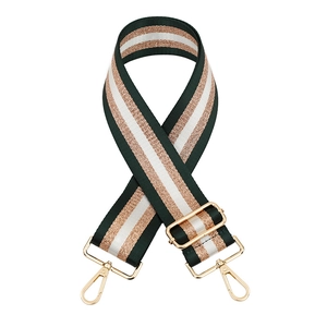 Detail of wide woven shoulder strap in dark green, white, and rose gold glitter stripes
