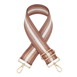Detail view of brown nylon strap with gold stripes and metallic lobster clasp