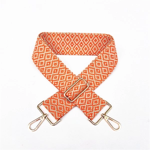 Detail of adjustable geometric strap with orange and grey ethnic weaving pattern