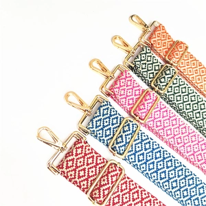 Detail of colorful ethnic pattern woven bag straps with gold metal swivel hooks