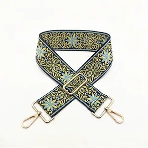 Ethnic style adjustable wide shoulder strap with sky blue floral embroidery and gold hooks