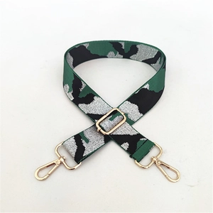 Detail of wide camo jacquard strap with glitter silver thread and gold metal lobster clasps