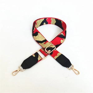 Adjustable 3.8cm wide camo pattern bag strap with golden swivel hooks and leather ends