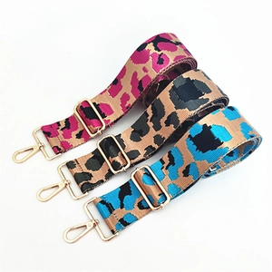 Detail view of adjustable leopard print bag straps in pink, grey and blue with gold hardware