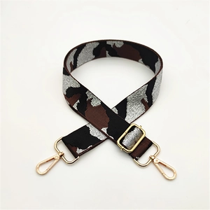 Fashionable camouflage bag strap with silver thread and gold metal lobster clasps