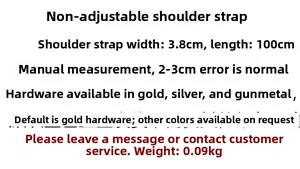 Technical specifications for 3.8cm wide bag strap with gold silver and gunmetal hardware