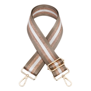 Detail of adjustable woven bag strap with champagne gold stripes and metallic hardware
