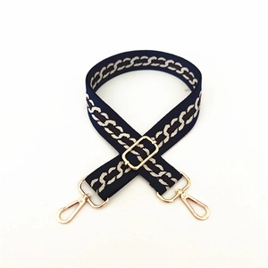 Adjustable navy blue woven shoulder strap with retro chain pattern and gold metal clips