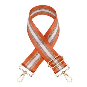 Adjustable orange bag strap with gold stripes and metallic lobster clasps for handbags