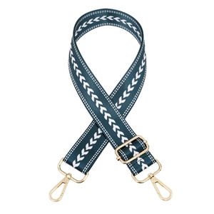Adjustable dark green woven shoulder strap with white chevron pattern and gold metal hooks