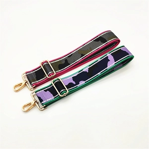 Detail view of adjustable camouflage bag straps with premium gold metal swivel hooks