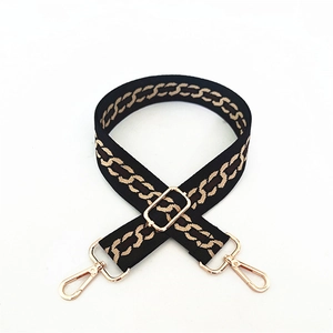 Close-up of adjustable wide woven shoulder strap with gold metal lobster clasps