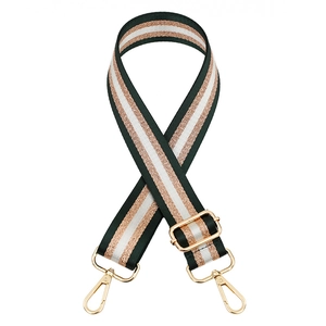 Close-up of adjustable striped strap with rose gold thread and pale gold metal hooks