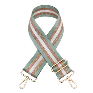 Close-up of adjustable striped strap with green white and copper metallic thread accents