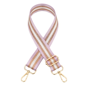 Detail of adjustable purple and gold striped bag strap with shiny metallic lurex thread