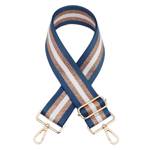 Detail of adjustable woven bag strap with blue, bronze, and white stripes and gold hooks