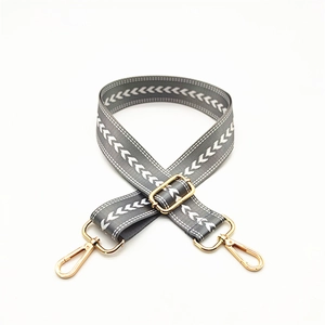 Close-up of adjustable grey nylon bag strap with white V-pattern and gold metal buckles