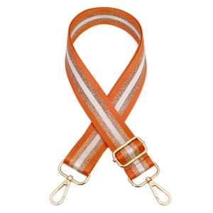 Adjustable woven handbag strap in orange with silver glitter stripes and gold hardware