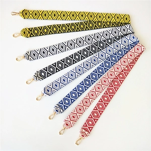 Close-up of woven bag straps with geometric patterns and golden lobster clasps