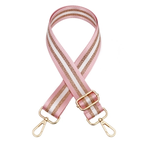 Pink and white woven bag strap with metallic gold accents and adjustable buckles