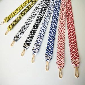 Detail of bohemian jacquard straps with geometric patterns and gold lobster clasps