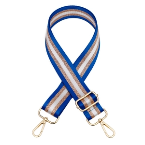 Adjustable blue and white striped bag strap with gold glitter wire and metal hooks