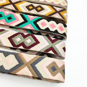 Close-up of geometric jacquard woven bag straps with ethnic diamond patterns and textures