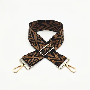 Detail of adjustable wide bag strap with black and brown geometric woven pattern