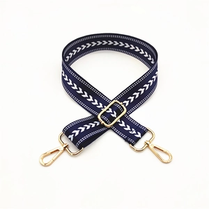 Adjustable dark blue herringbone canvas shoulder strap replacement with gold metal hardware