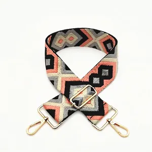 Close-up of ethnic geometric pattern strap with adjustable golden metal lobster clasps