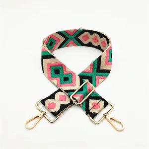 Ethnic bohemian style colorful diamond pattern woven shoulder strap with gold metal hooks