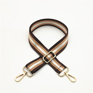 Bandoulière large tissée réglable avec rayures marron et blanc et mousquetons dorés
