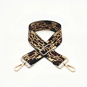 Adjustable leopard print wide shoulder strap with golden metal hooks for handbags