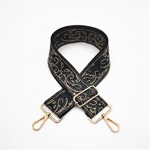 Detail of retro ethnic pattern jacquard bag strap with gold metal lobster clasps