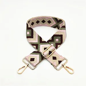 Ethnic geometric diamond pattern bag strap with gold lobster clasps and adjustable buckle