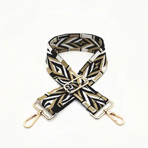 Close-up of geometric woven shoulder strap with premium golden metal swivel hooks