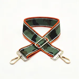 Detail of adjustable camouflage bag strap with durable golden metal lobster clasps