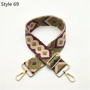 Detail of colorful geometric diamond pattern shoulder strap with gold metal lobster clasps