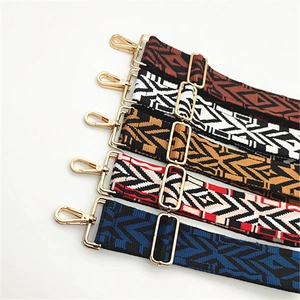 Close-up of adjustable ethnic pattern canvas straps with gold metal swivel hooks
