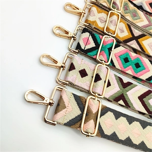 Detail of colorful geometric embroidery straps with premium gold metal hooks for bags