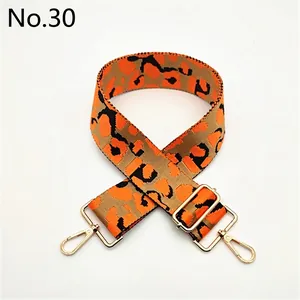 Detail of adjustable leopard print bag strap with golden zinc alloy swivel hooks and buckles