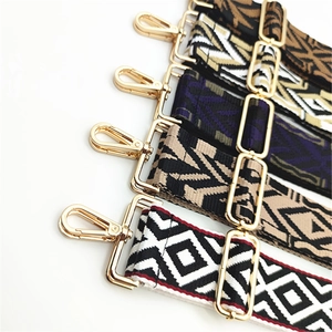 Detail showing five adjustable ethnic style wide straps with gold metal hardware