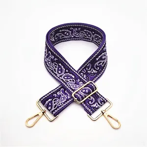 Ethnic style adjustable purple paisley pattern purse strap with gold hardware No.11