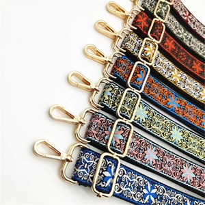 Detail der farbenfrohen ethnischen Stickmuster an verstellbaren Taschen-Ersatzgurten