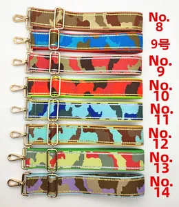 Adjustable camouflage bag straps with gold metal hooks in eight vibrant color patterns
