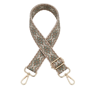 Adjustable woven canvas bag strap with ethnic geometric patterns and gold metal hooks