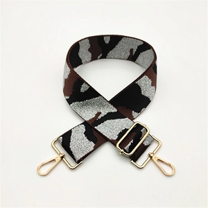 Adjustable camouflage bag strap with silver metallic thread and golden swivel hooks