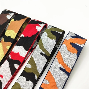 Macro detail of camouflage elastic webbing straps with metallic threads and textured weave